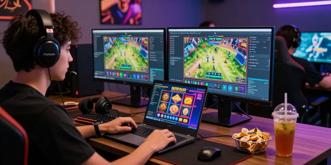 Engaging user experience playing situs slot on a stylish gaming laptop in a vibrant setup.