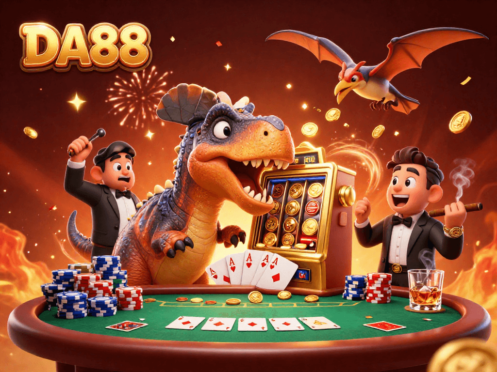 DA88 casino scene with a pachycephalosaurus celebrating a jackpot win surrounded by poker elements.
