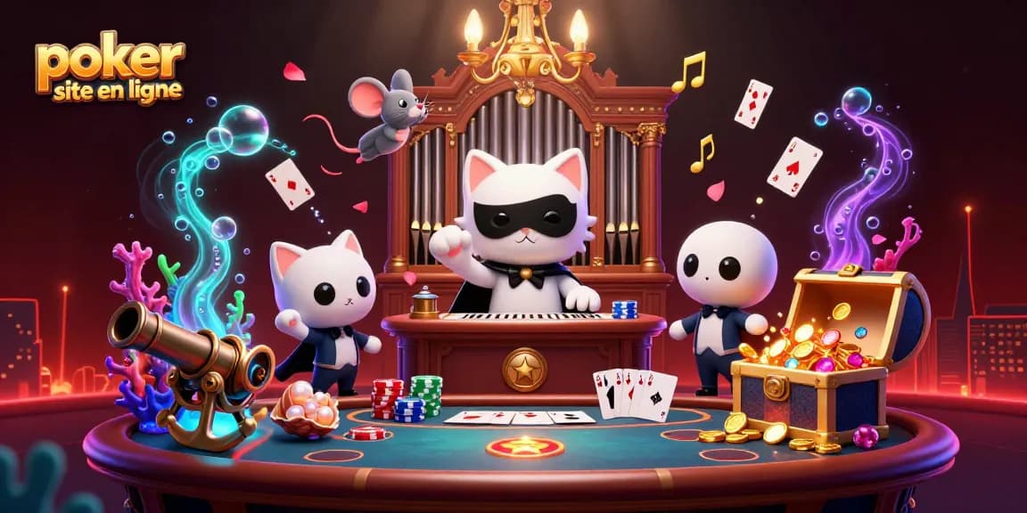 Le poker en ligne s'anime avec un chat masqué au piano, une souris acrobate et des jetons volants.