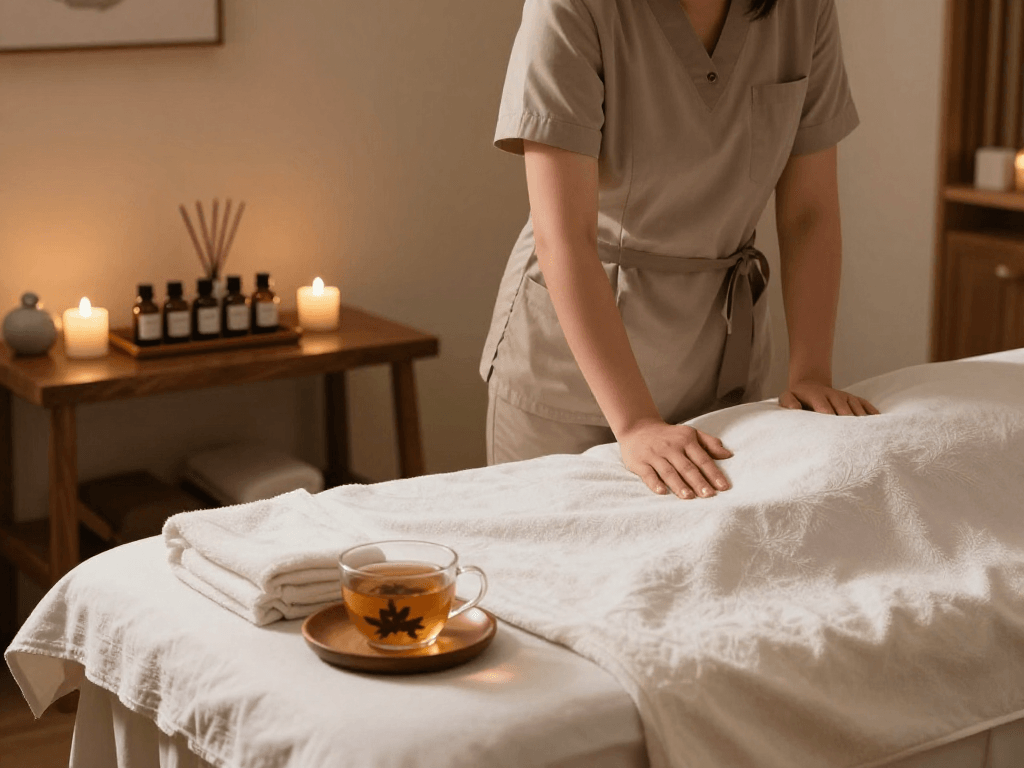 Relaxing spa therapy session highlighting mantra 88 and therapeutic oils.