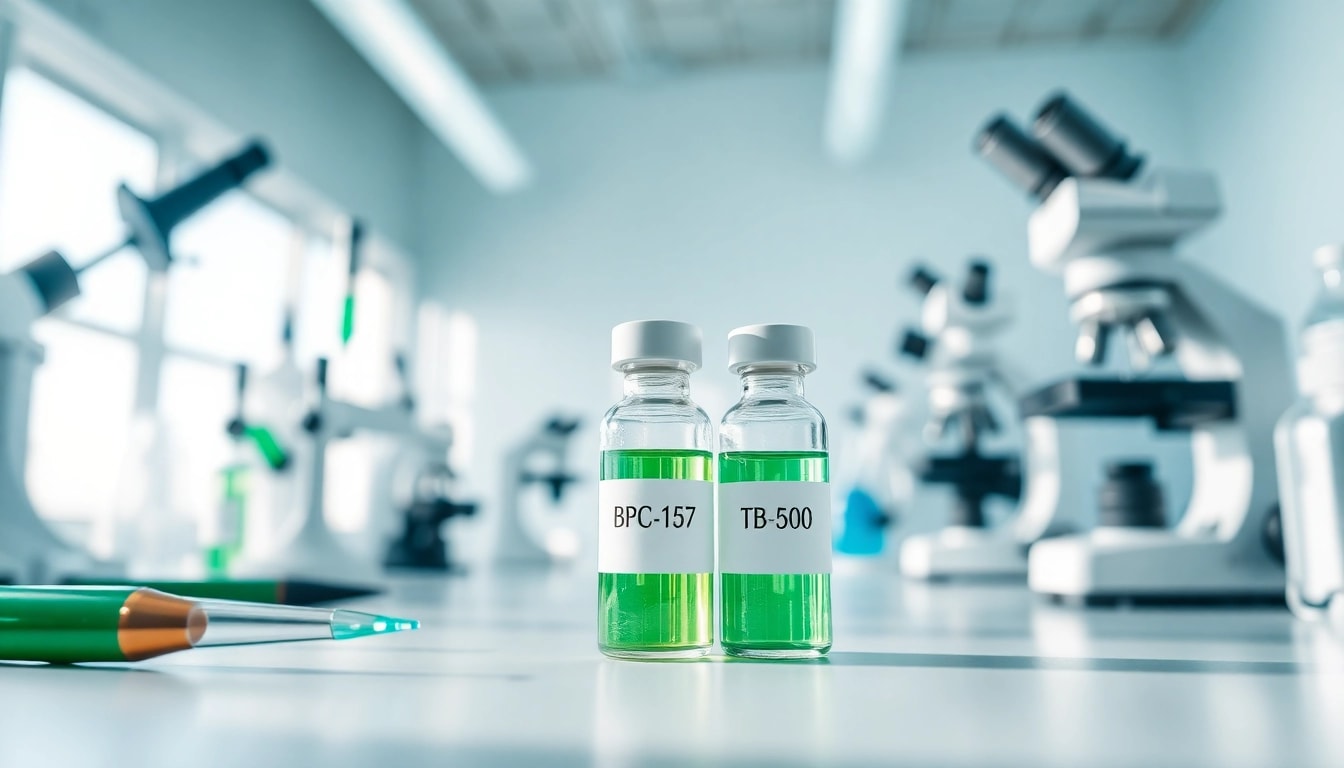 Research laboratory focusing on BPC-157 and TB-500 peptides amidst scientific equipment, enhancing understanding.