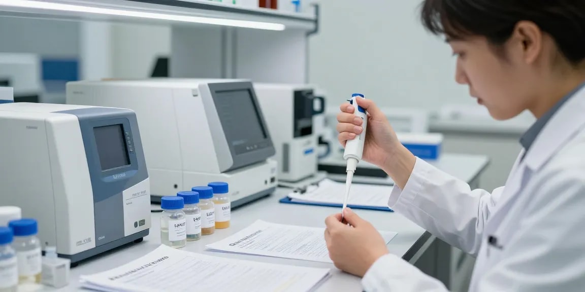 Koi Peptides Canada research in a lab involving precise measurement and analysis of synthesized peptides.