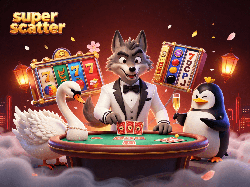 Spin for super scatter wins in this 3D casino scene with vibrant slot elements.