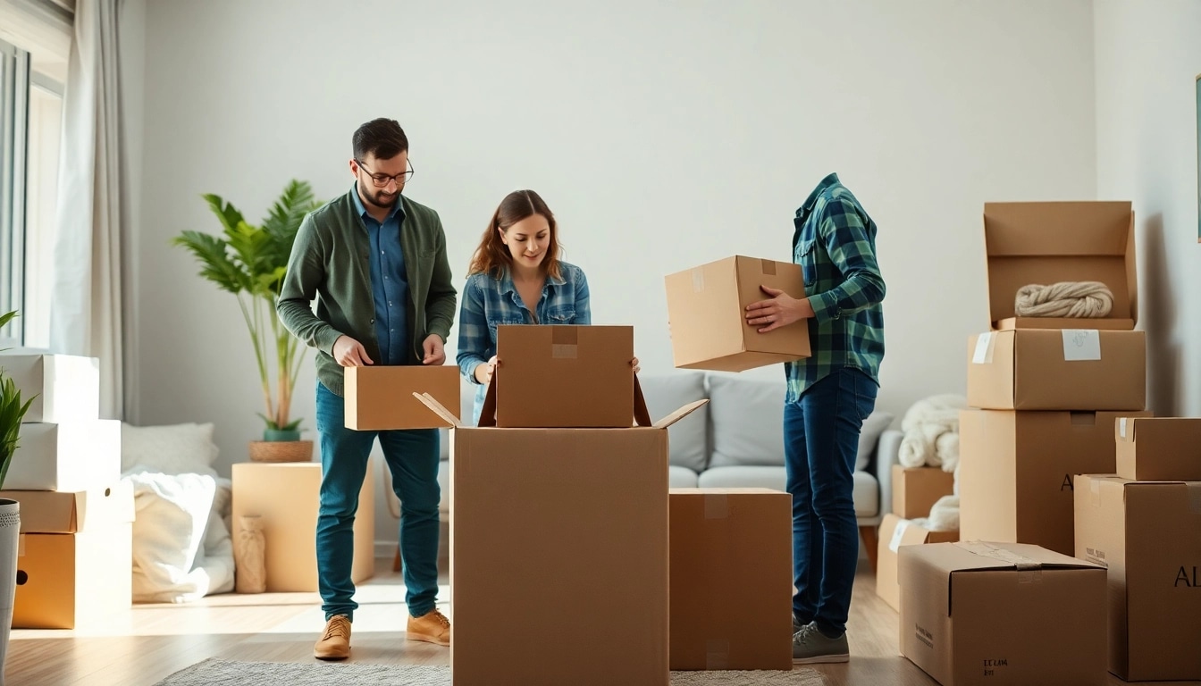 Professional Packing Services team efficiently packing boxes in a bright home, ensuring safety and care.