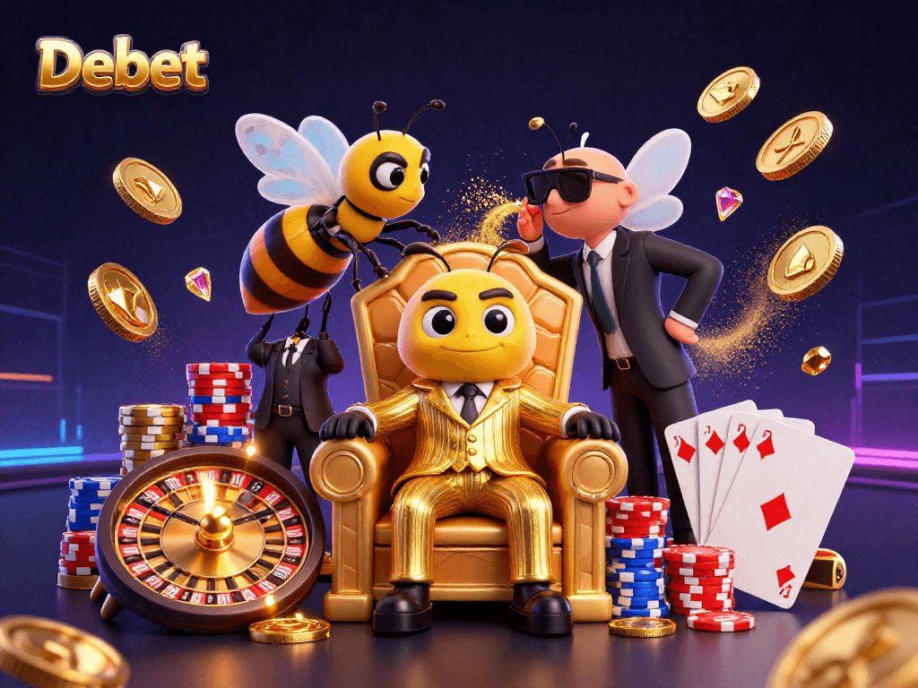 Experience exciting betting at Debet with a bustling casino scene featuring games, winnings, and colorful characters.