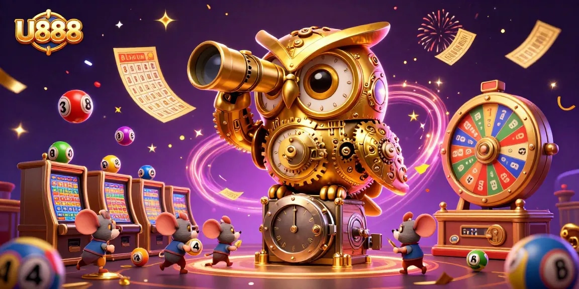 Experience the excitement of U888 as the golden owl oversees a bustling casino floor filled with vibrant lottery elements.
