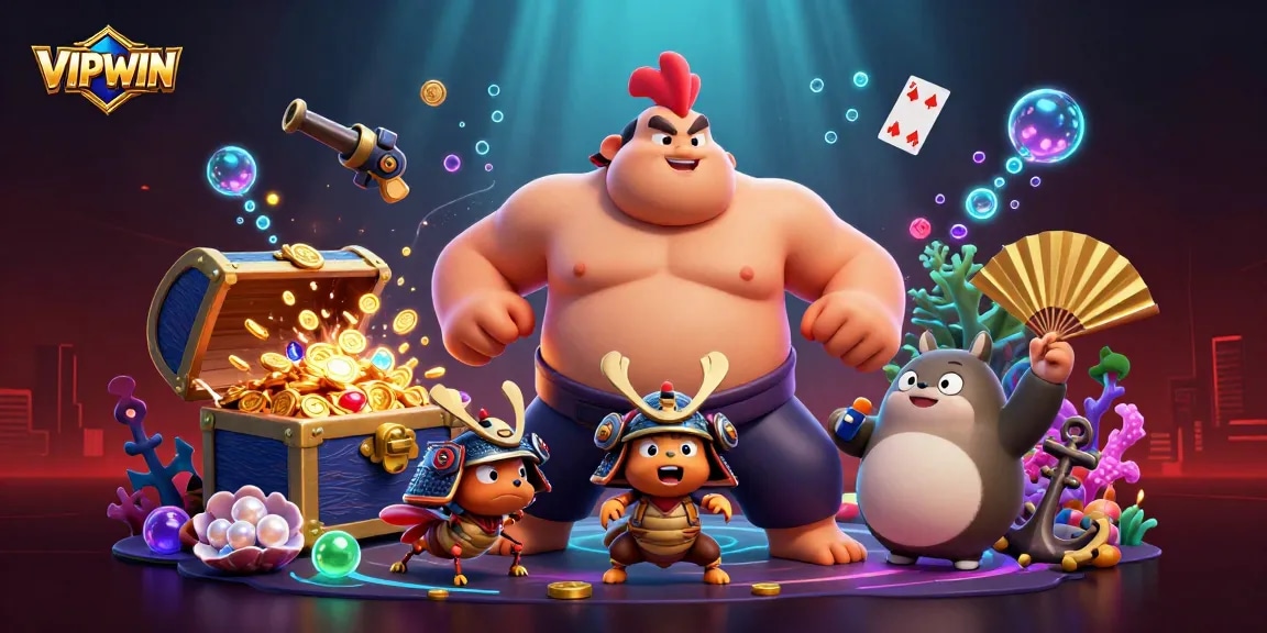 Experience excitement at VIPWIN with thrilling games, treasure, and cartoon characters in a vibrant illustration.