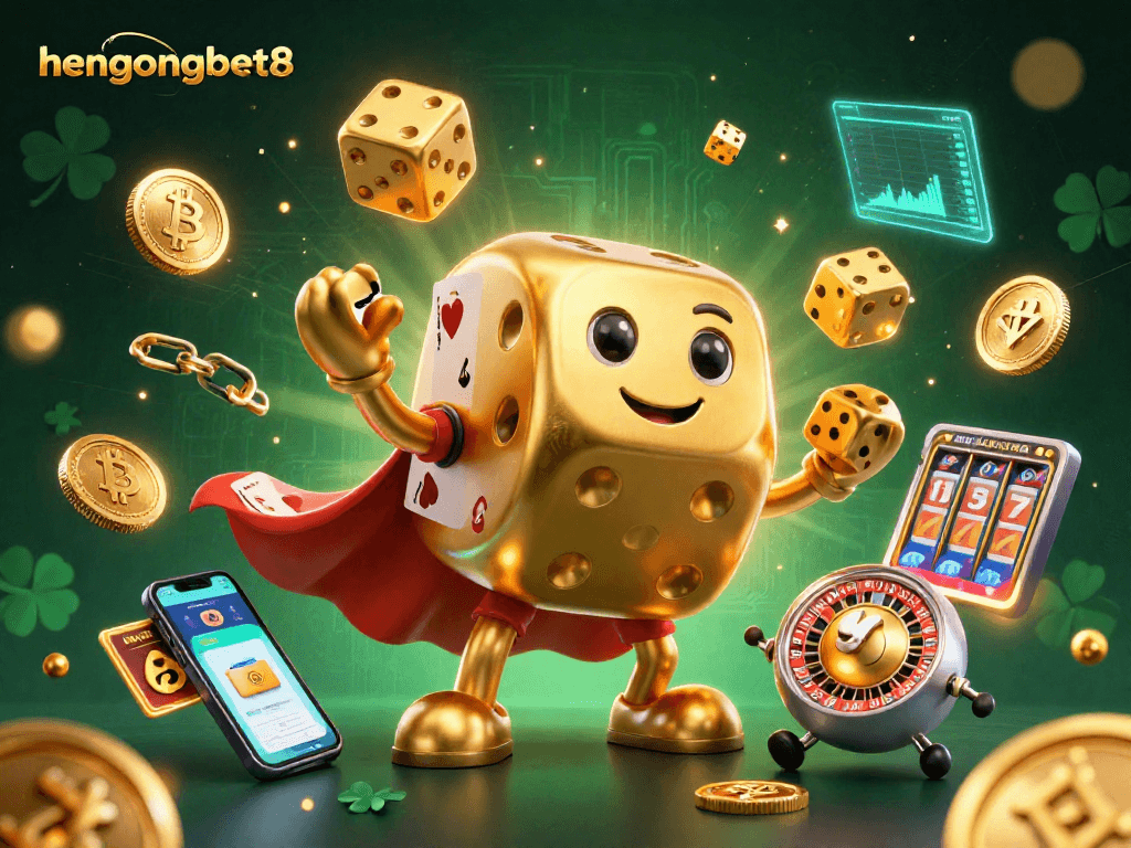 hengongbet8 showcases a dynamic 3D scene with a golden dice golem, slot elements, and crypto coins