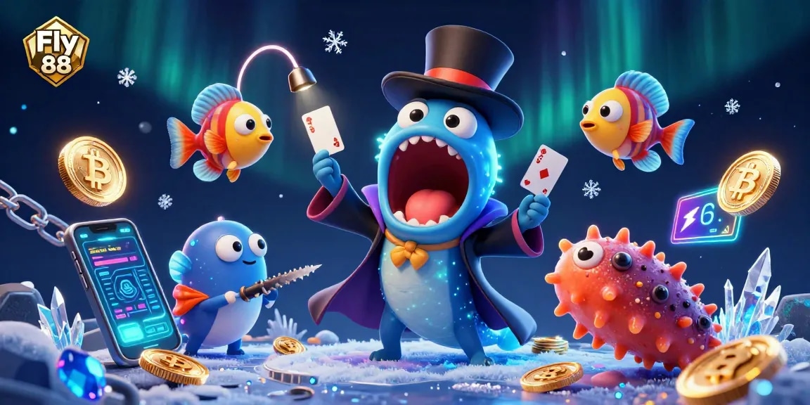 Fly 88 showcases a magic act with deep-sea creatures performing exciting card tricks in a vibrant casino scene.