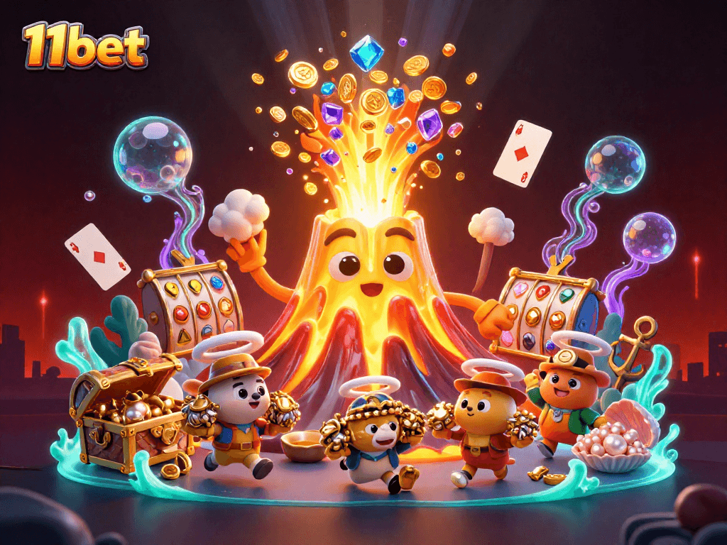 Engage with thrilling action at 11bet as the golden volcano erupts with treasure, showcasing exciting casino features.