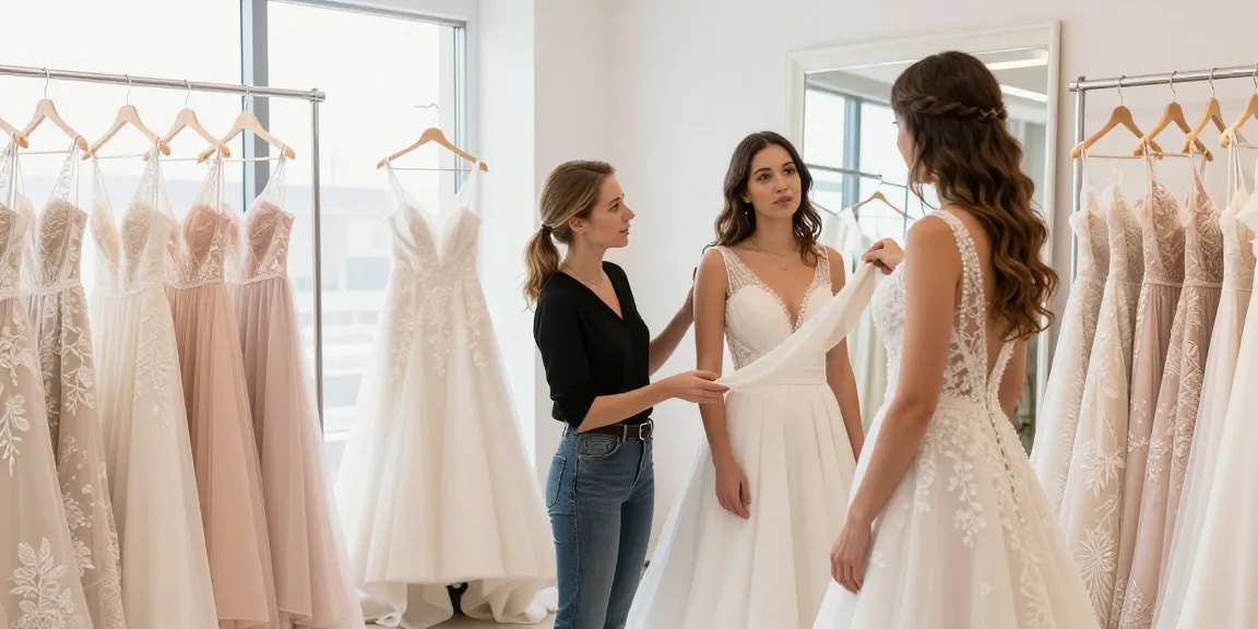 Consulenza di bridal styling per una sposa, con stilista e abiti esposti nello studio luminoso.
