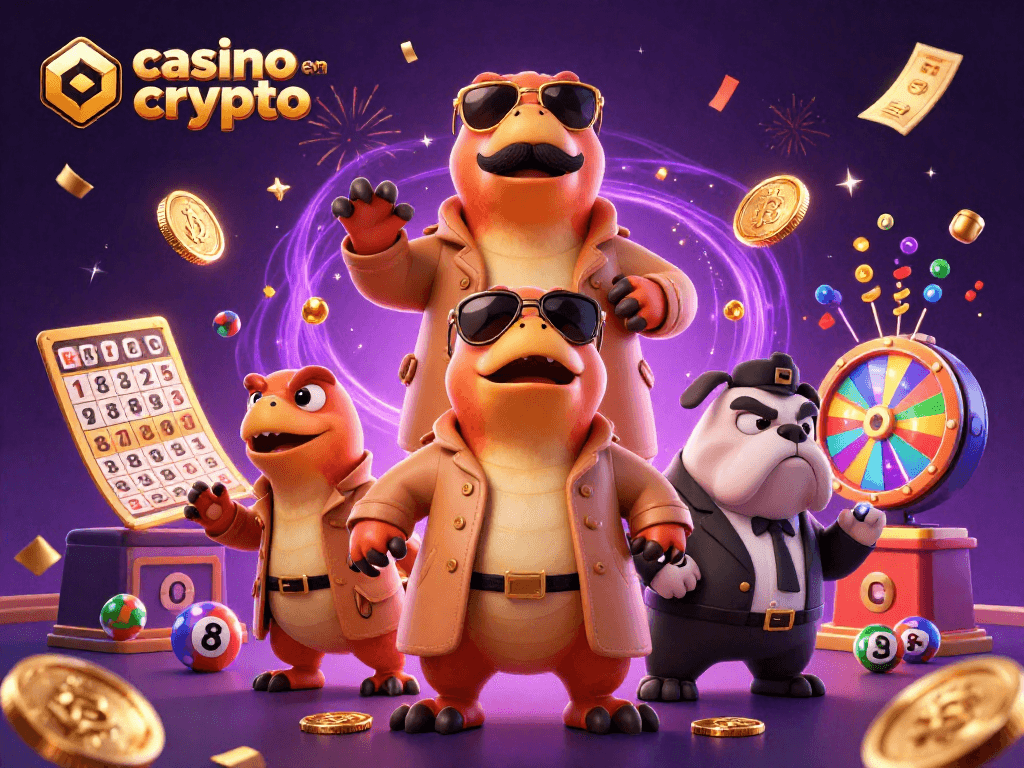 Engagez-vous dans le casino en crypto avec une illustration animée captivante de raptors en trench coat.