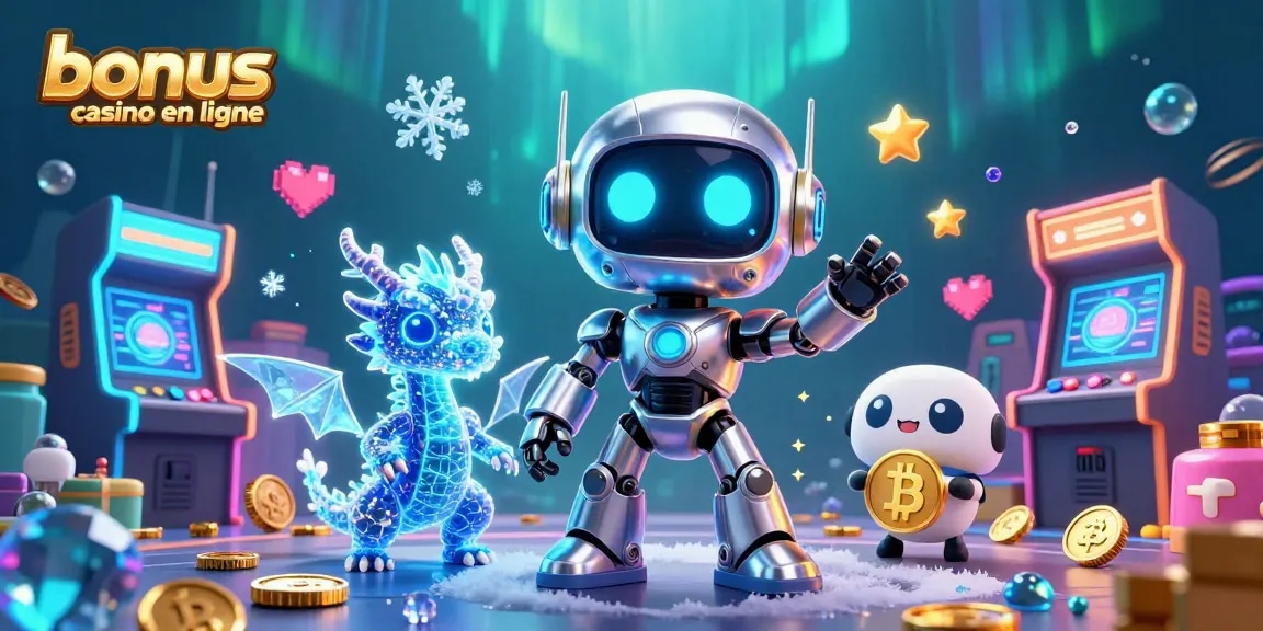 Profitez des bonus casino en ligne avec un robot cyberpunk et un dragon holographique dans un environnement dynamique.
