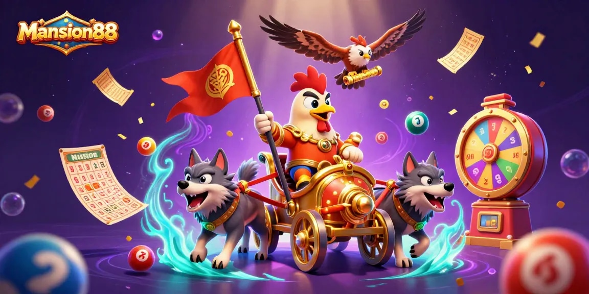 Win exciting prizes at Mansion88 with a vibrant 3D illustration of a rooster warlord and dynamic lottery games.