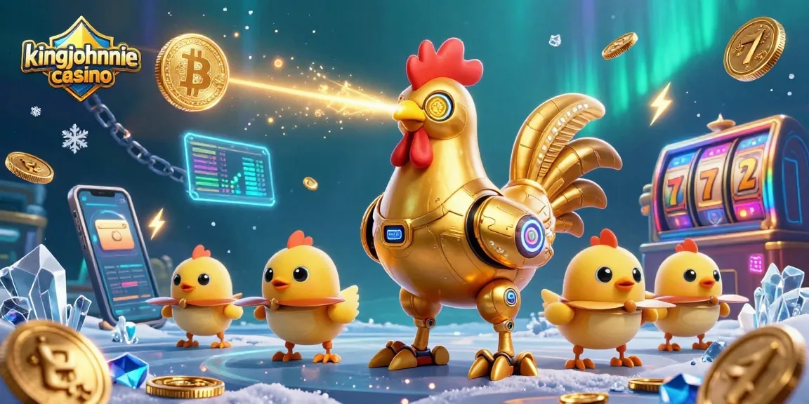 Engage in vibrant action at kingjohnnie casino with a retro-futuristic golden rooster and crypto elements.