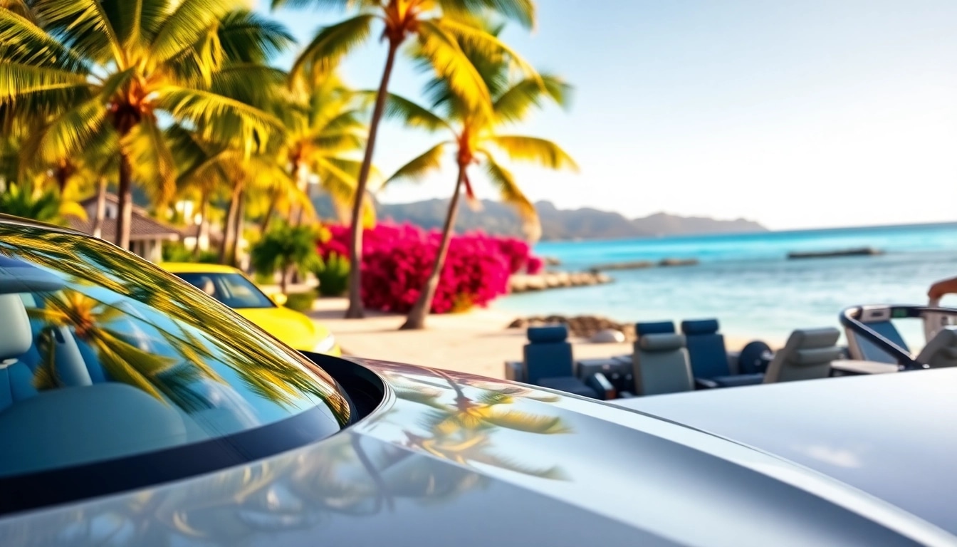 Rent a car St Barth offers a vibrant tropical setting with a stunning beach background.