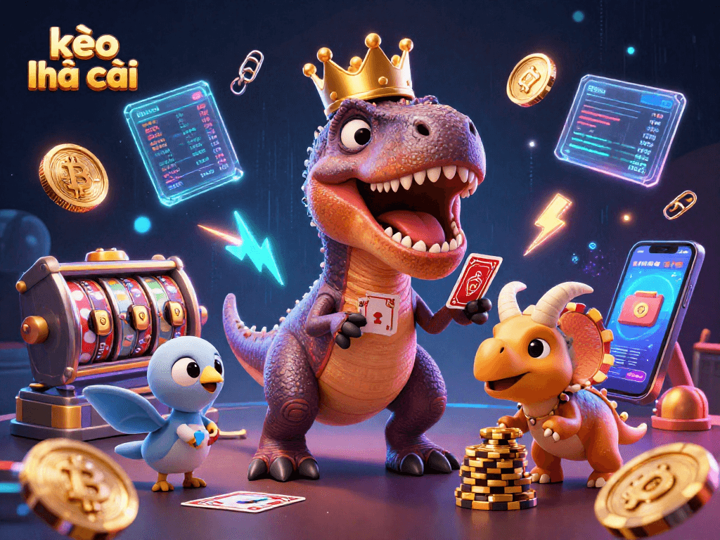 Engaging 3D illustration highlighting kèo nhà cái with dinosaurs and exciting casino elements for a fun gaming experience.