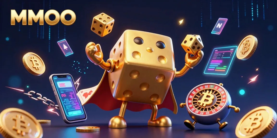 Engage in MMOO strategies with vibrant 3D card elements and golden coins in an energetic casino scene.
