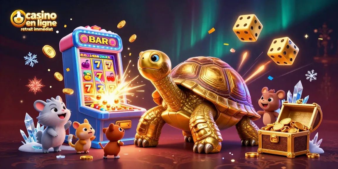Jouez à casino en ligne retrait immédiat avec une tortue dorée jouant à des jeux de machines à sous.