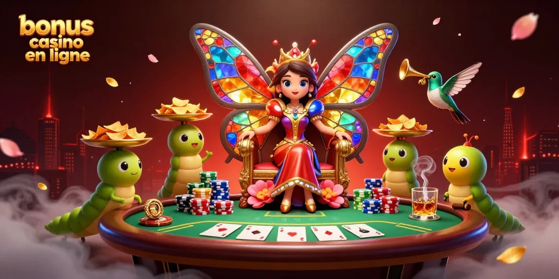 Illustration mettant en avant un bonus casino en ligne avec une reine papillon fantastique et des éléments de poker.