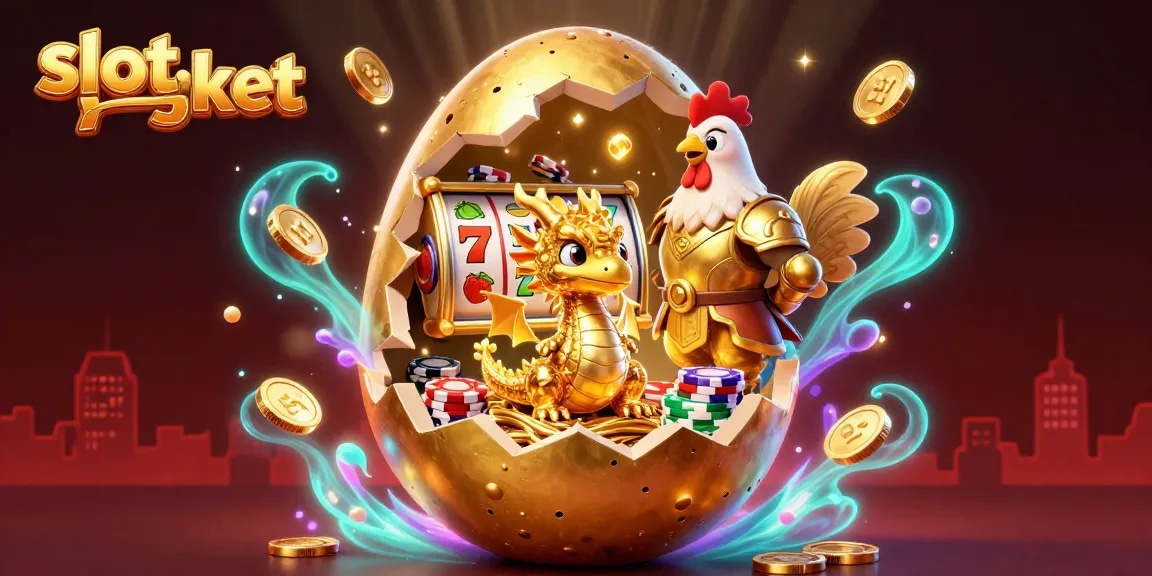 Permainan slot jackpot yang menampilkan naga emas dan ibu ayam di lokasi kasino online.