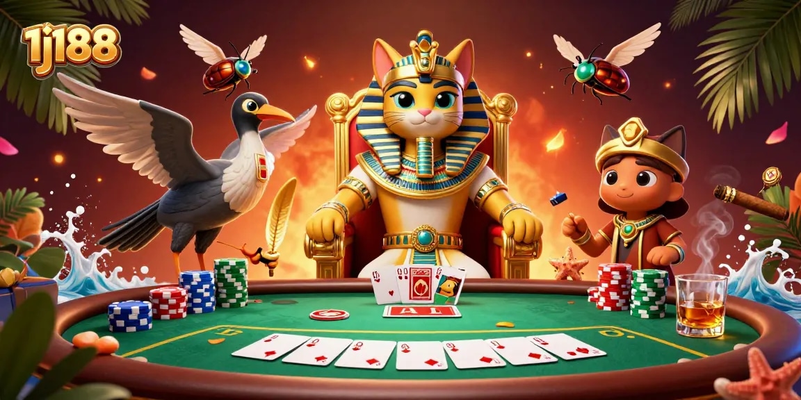 Engage with exciting poker gameplay featuring 1j188's vibrant 3D casino scene.