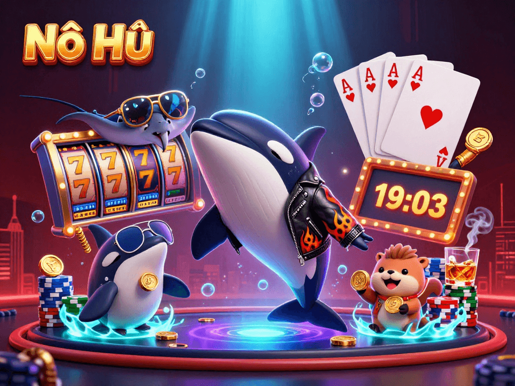 Nổ Hũ showcases an orca in leather with sea friends amidst vibrant slot components and action-packed gambling elements.