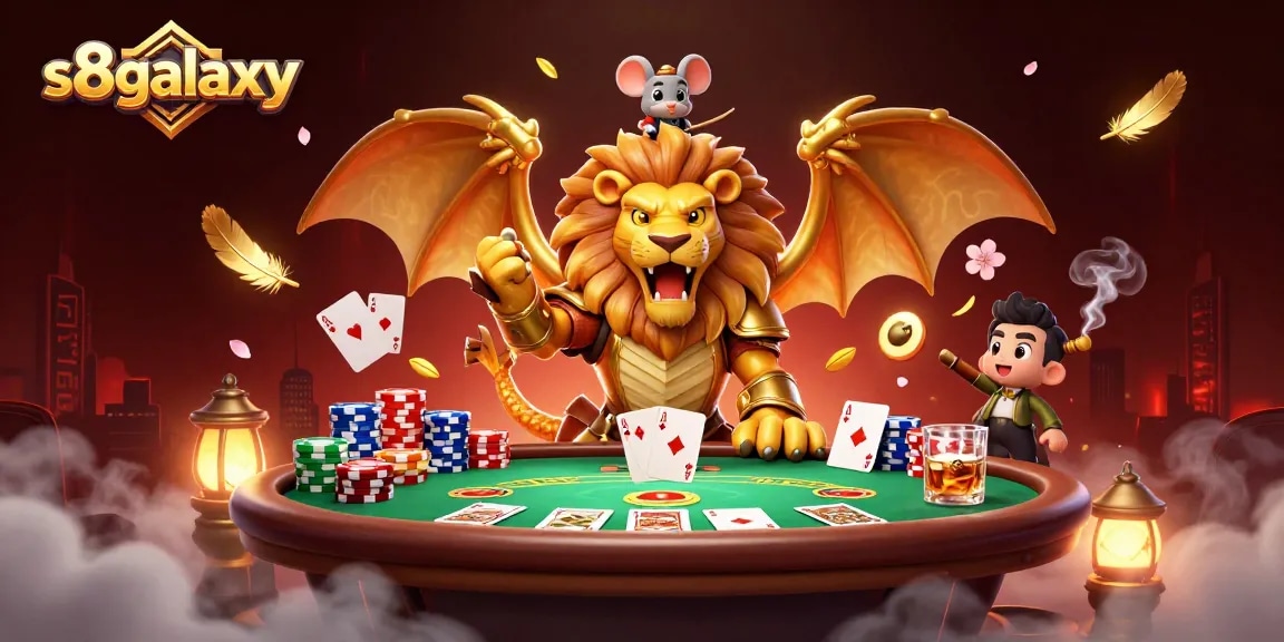 S8galaxy brings thrilling poker excitement with a majestic chimera and brave jockey in a vibrant casino scene.