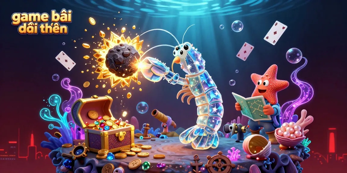 Engage in game bài đổi thưởng with a galactic samurai mantis shrimp navigating an explosive treasure-filled scene.