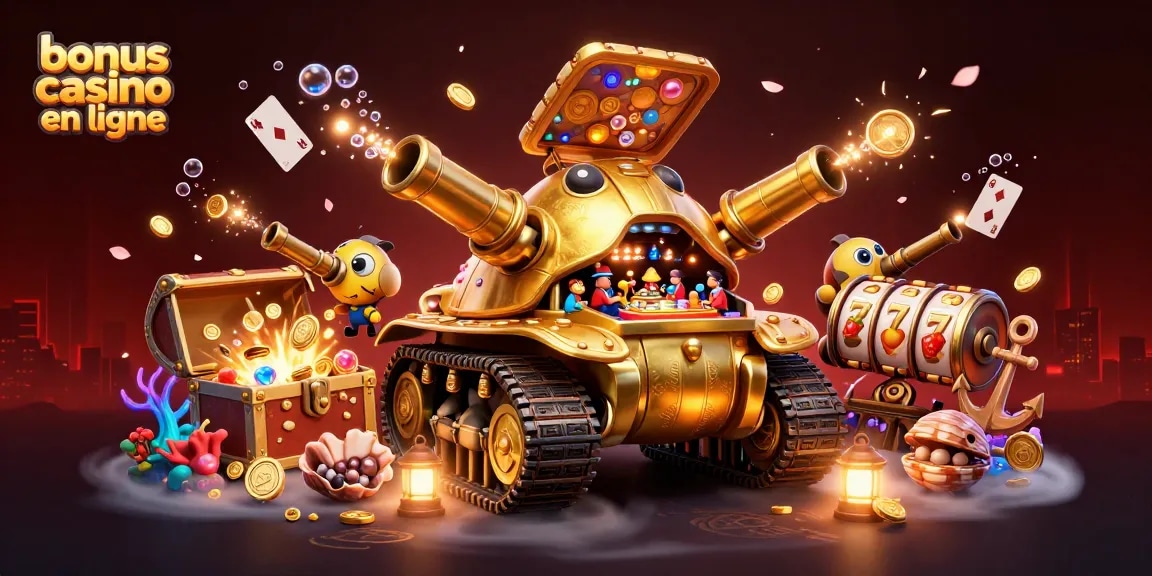 Bonus casino en ligne avec un tank en forme de scarabée doré, jouant parmi des pièces et des trésors.