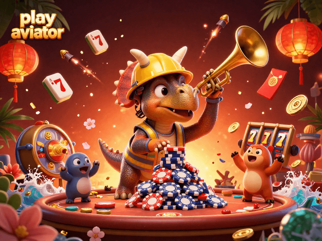Play Aviator with a dynamic scene featuring cartoon dinosaurs celebrating money wins in a casino.