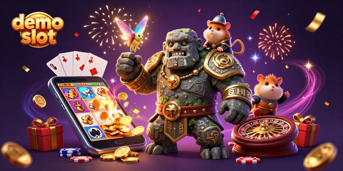 Experience the thrill of demo slot games with dynamic characters and vibrant casino elements.