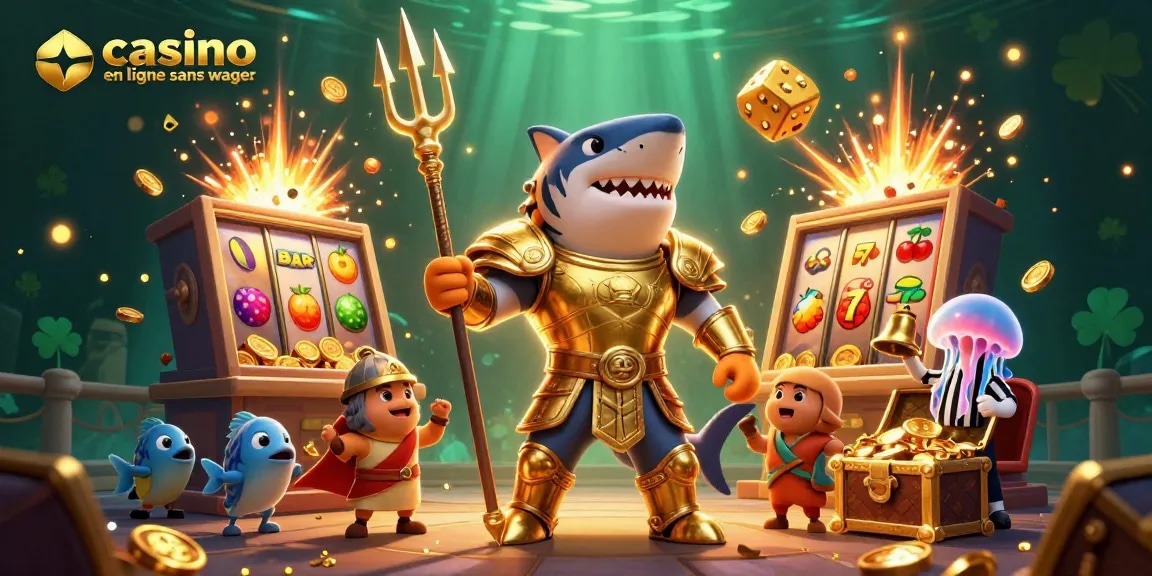 Illustration dynamique de casino en ligne sans wager avec un requin tigre en armure dorée et des éléments de jeu.