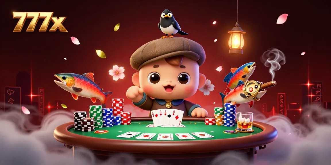 Engage with 777x's vibrant 3D digital casino scene featuring cartoon characters and poker elements.
