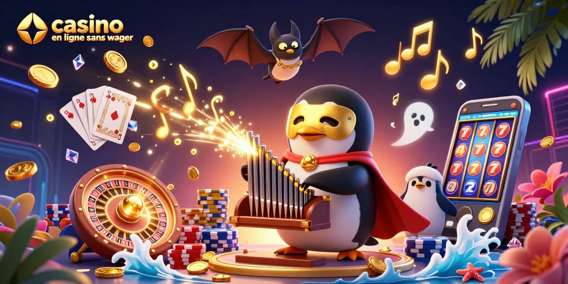 Illustration 3D d'un casino en ligne sans wager, mettant en scène un pingouin et des pièces d'or