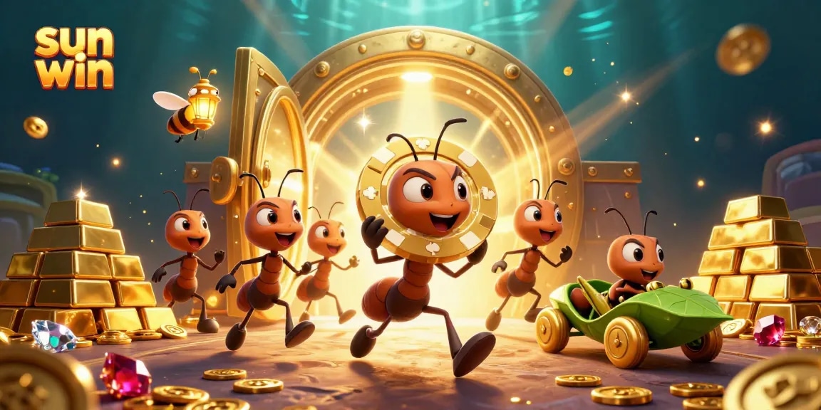 Join the sun win adventure with ants heisting a massive poker chip, flanked by treasure.
