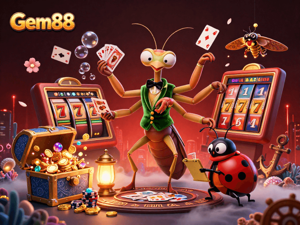 Experience Gem88's thrilling slots with vibrant characters and dazzling treasures in an enchanting casino scene.