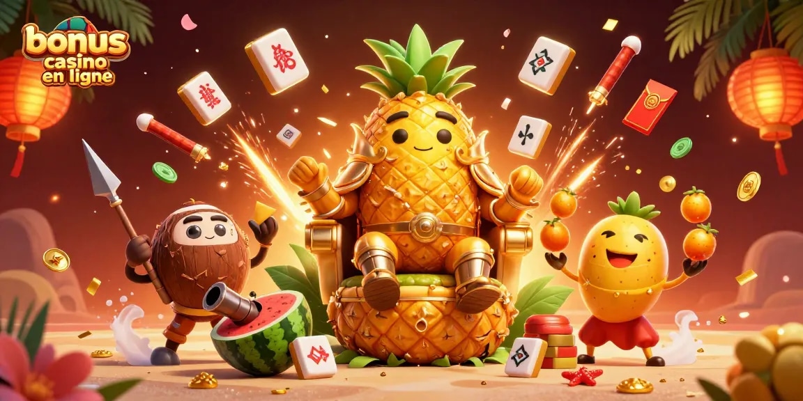 Profitez des bonus casino en ligne avec le roi ananas et ses gardes sur une plage casino