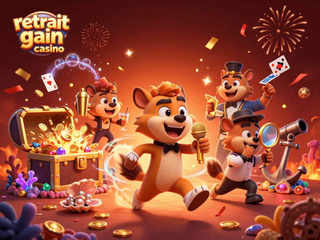 Retrait gain casino : hyènes dans un club de casino comique, avec ambiance festive et éléments de jeux.