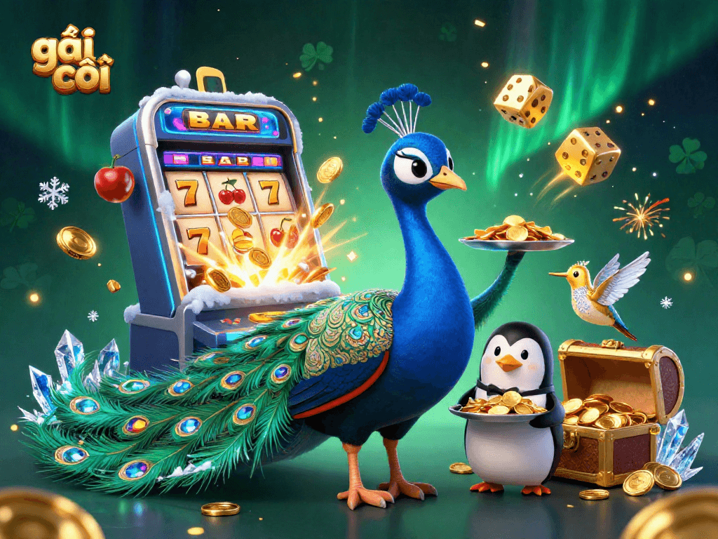 Hình ảnh mô tả gái gọi trong một casino trực tuyến, với các biểu tượng may mắn và vàng.