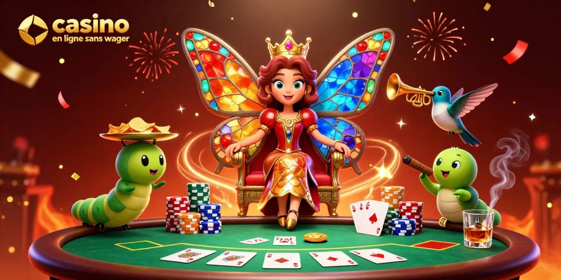 Profitez de l'expérience immersive d'un casino en ligne sans wager avec une reine papillon et des éléments de poker captivants