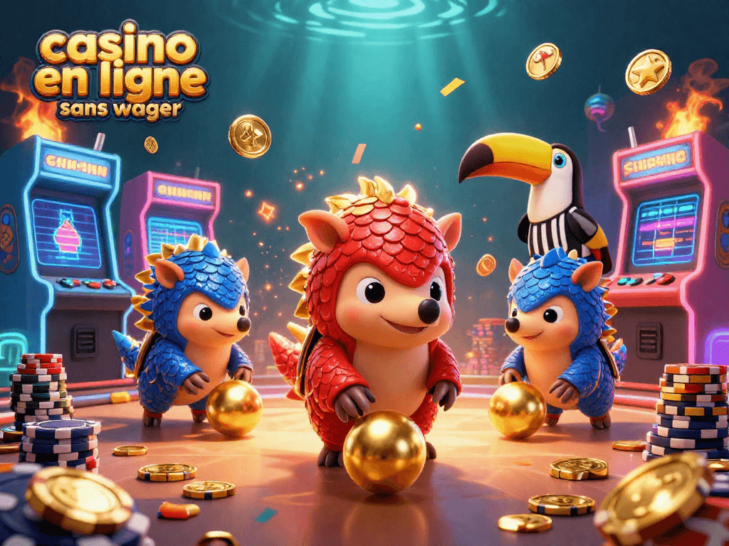 Découvrez une scène animée de casino en ligne sans wager, avec des pangolins rivalisant autour de jetons de poker.