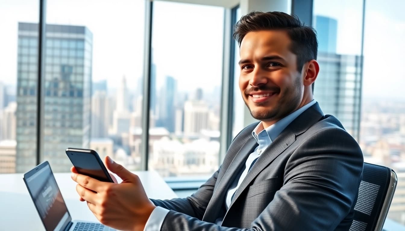 Explore business mobile contracts UK in modern office setting with a professional businessman using smartphone.