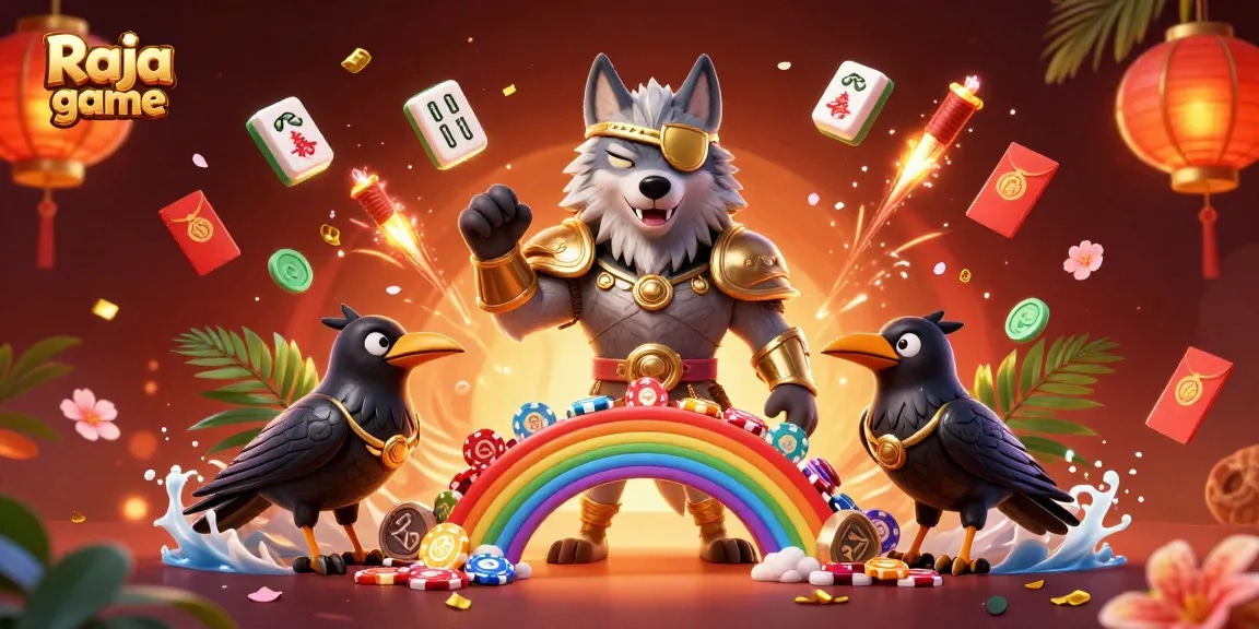 Experience thrilling gameplay with Raja game and vibrant characters on a colorful casino-themed backdrop.
