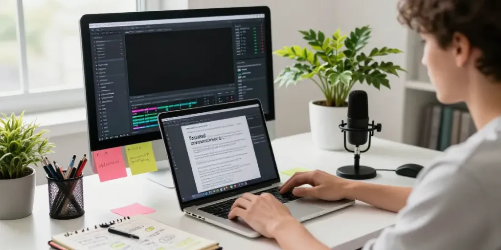 Create content with AI in a modern workspace featuring a creator drafting articles using advanced software and analytics.