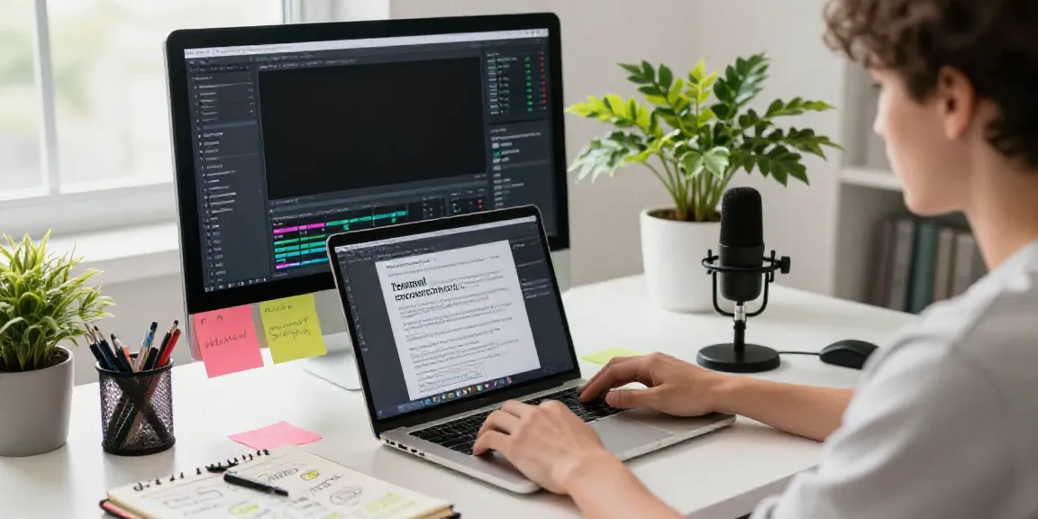 Create content with AI in a modern workspace featuring a creator drafting articles using advanced software and analytics.