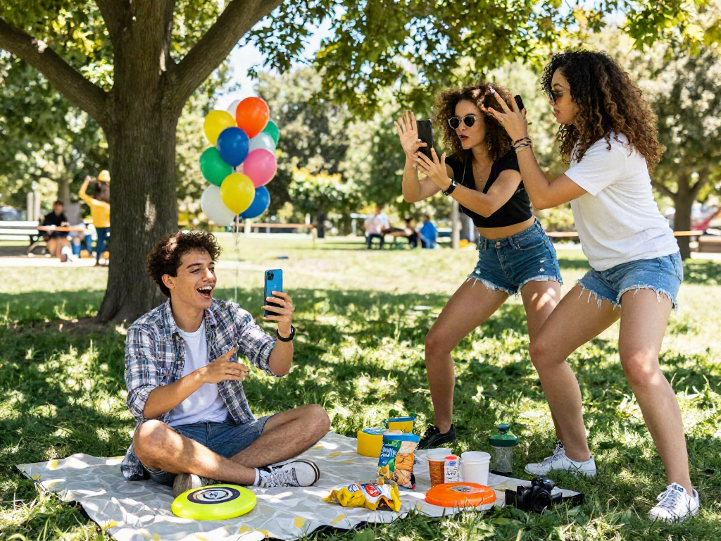 Group of friends interacting while taking an attractiveness test outdoors, highlighting engagement and joy.