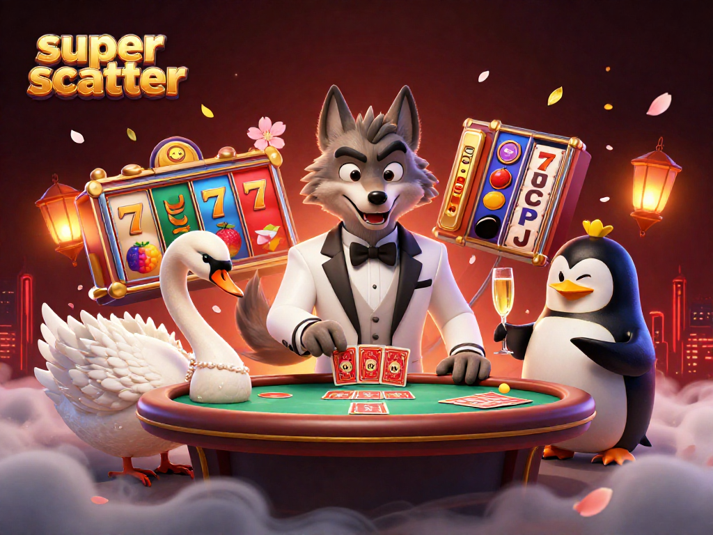 Spin for super scatter wins in this 3D casino scene with vibrant slot elements.