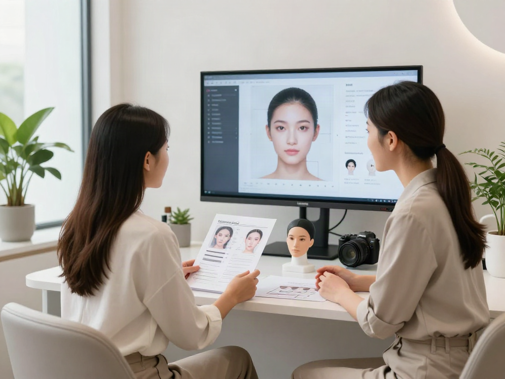 ClinicEvo vs QOVES facial analysis consultation in a modern clinic.