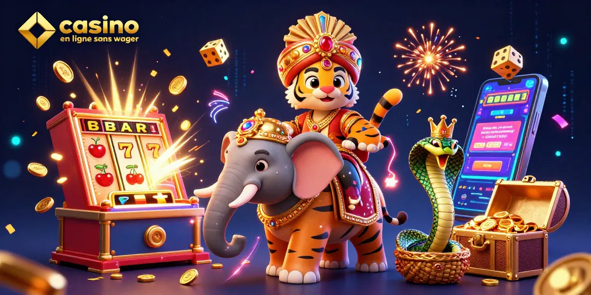 Profitez des jackpots avec des jeux de casino en ligne sans wager captivants dans une scène dynamique et colorée.